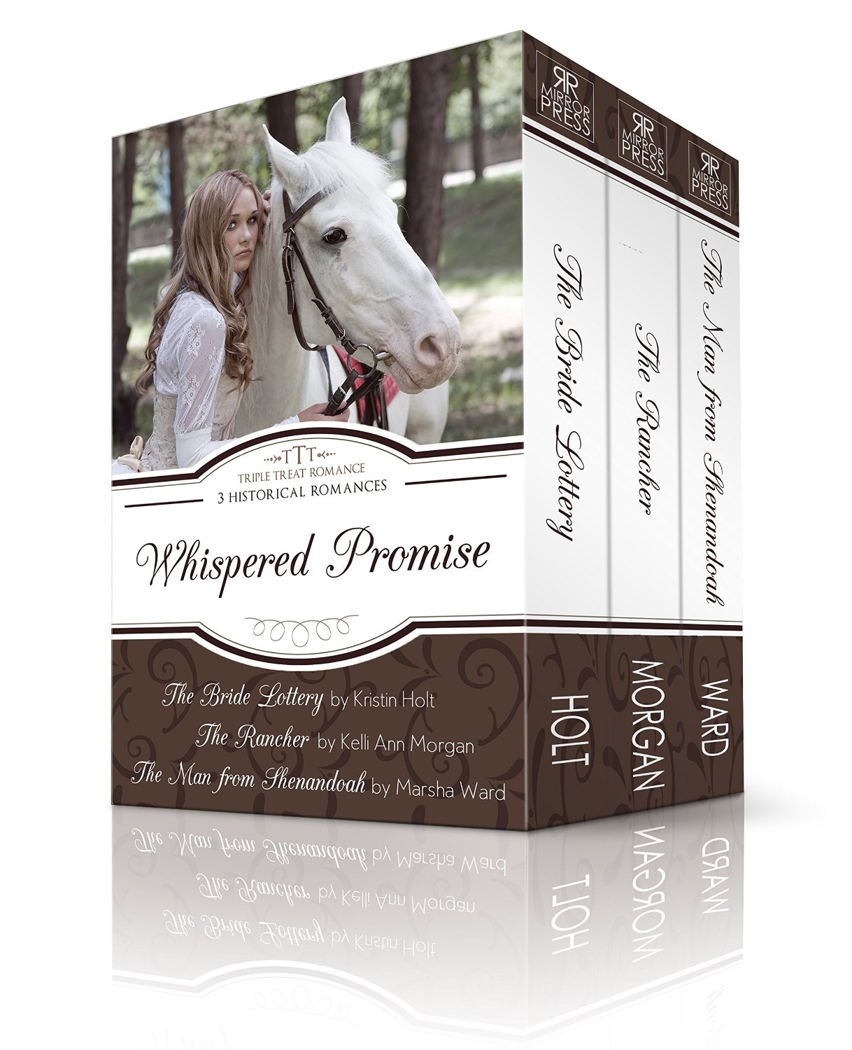Kristin Holt | Whispered Promise SALE. Cover Art: Whispered Promise, A Triple Treat Romance, 3 Historical Romances including The Bride Lottery by Kristin Holt, The Rancher by Kelli Ann Morgan, and The Man from Shenandoah by Marsha Ward.