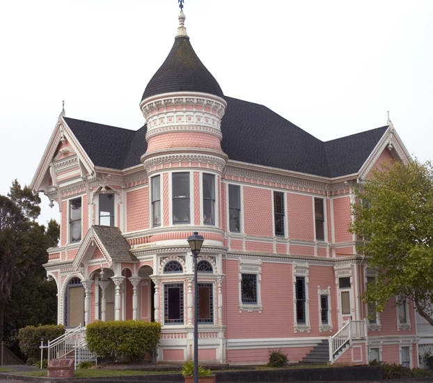 Kristin Holt | Top 5 Reasons AUTHORS of Western Historical Romance Benefit From Visiting Historical Museum Residences. Photograph of a pink-and-white, gingerbread-leaden Victorian house in Eureka, California.