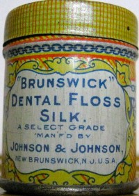 Kristin Holt | The Old West: Dental Floss & Toothpicks: Photograph of Brunswick Dental Floss Silk in a tin manufactured by Johnson & Johnson.