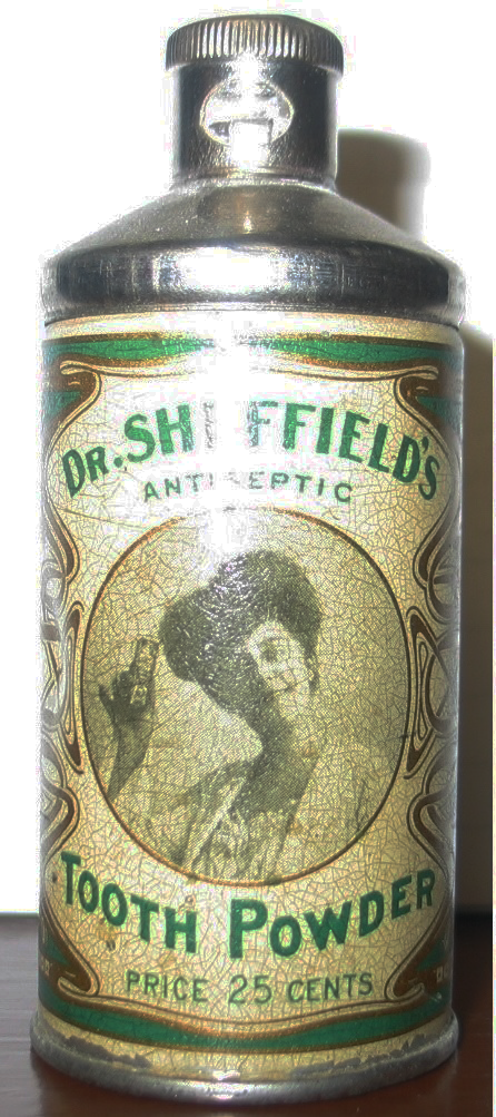 Kristin Holt | Old West: Toothbrushes and Toothpaste. Photo of antique container: Dr. Sheffield's Antiseptic Tooth Powder, Sheffield Pharmaceuticals - Sheffield Pharmaceuticals' Private Archives, Public Domain