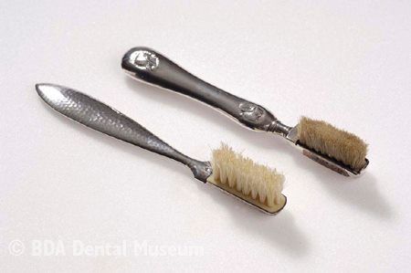 Kristin Holt | Old West: Toothbrushes and Toothpaste. Photograph of antiques: Silver gilt toothbrushes. Image courtesy of Pinterest.