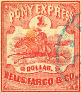 Wells Fargo & Co. Pony Express Stamp, $1 value. [Image: Public Domain}