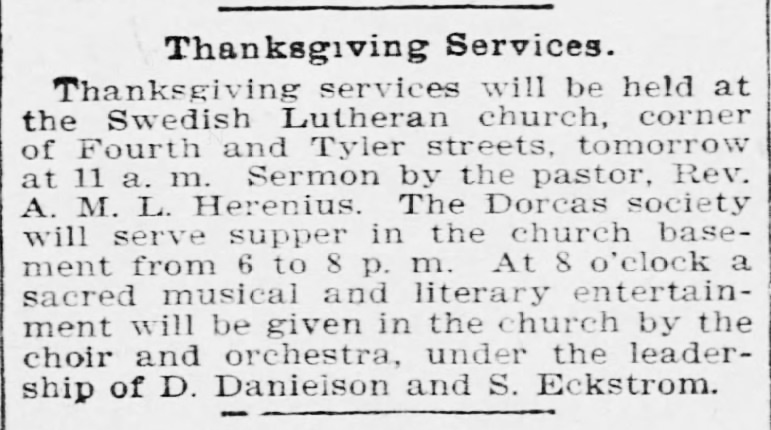 Kristin Holt | Victorian Era Thanksgiving Celebrations. Thanksgiving Services held at the Swedish Lutheran church. The Topeka State Journal of Topeka, Kansas on November 27, 1901.