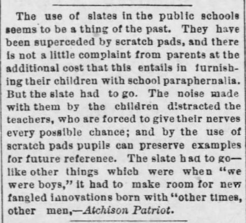 Lawrence Daily Journal. Slates out of date. Scratch pads used in schools. 28 Mar 1888