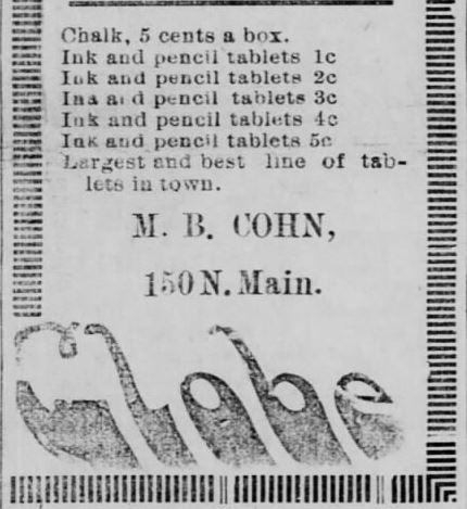 Advertisement for Tablets, Paper, Pencils, Chalk. Posted in the Wichita Beacon newspaper, Wichita, KS, on 15 October 1894. Image: Courtesy of newspapers.com.