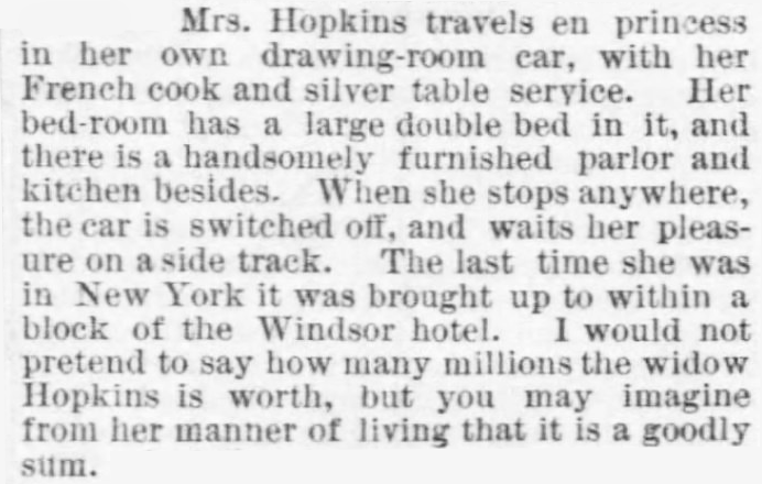 Kristin Holt | Luxury Travel 1890-Style. Details of Mrs. Hopkins's luxury drawing-room car. Description of appointments, furnishings, servants, and how she stops in cities. Published in The Des Moines Register of Des Moines, Iowa, June 10, 1879.