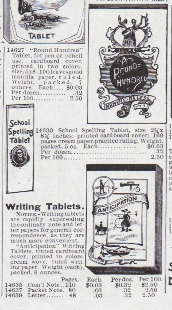 Additional options from the Montgomery Ward & Co. catalogue (1895), including a School Spelling Tablet, general Writing Tablets, and "manilla paper" for general use and correspondence. Pg. 111 of catalogue.