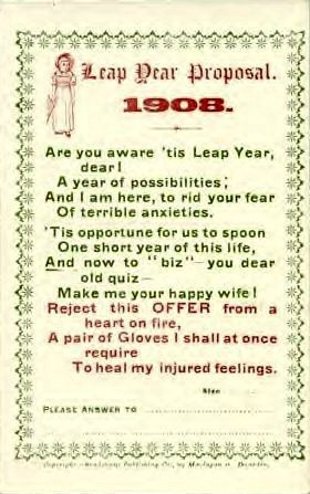 Kristin Holt | Victorian Leap Year Traditions Part 1. 1908 leap year proposal greeting card, commercially made. Fill in blank. Image: Pinterest
