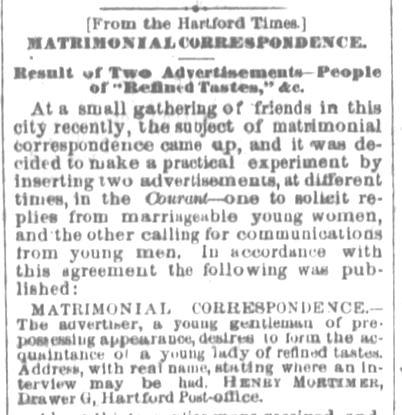 Kristin Holt | Nineteenth Century Mail-Order Bride SCAMS, Part 1. The Cincinnati Enquirer, 18 Oct 1869. Matrimonial Correspondence.