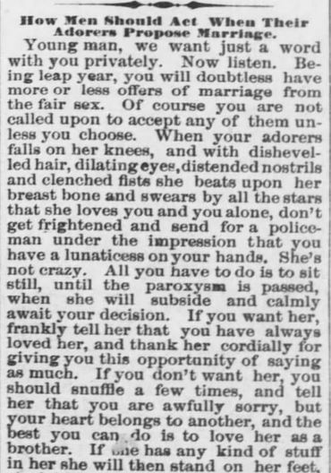 Kristin Holt | Victorian Leap Year Traditions Part 1. "How Men Should Act When Their Adorers Propose Marriage." From The Weekly Kansas Chief of Troy, Kansas on January 21, 1892. Part 1 of 2.