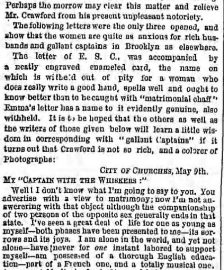 Kristin Holt | Nineteenth Century Mail-Order Bride SCAMS, Part 4. Troubles in Matrimonial Advertising, in The Brooklyn Daily Eagle of Brooklyn, New York on May 10, 1865. Part 4 of 6.