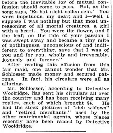 Kristin Holt | Nineteenth Century Mail-Order Bride SCAMS, Part 6. "Rich Widow's Cry: Fake Love Letter Sent Out by a Fraudulent Matrimonial Bureau." New York Sun Special Service, in the Minneapolis Journal of Minneapolis, Minnesota on November 8, 1902. Part 2 of 2.