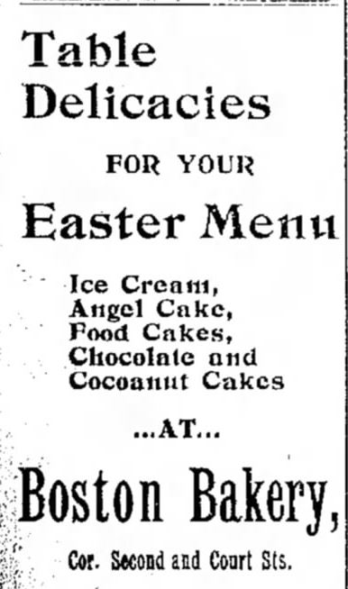 Kristin Holt | Victorian America Celebrates Easter. Ad for desserts for home dining on Easter. The Journal News, Hamilton, Ohio, 14 April, 1897.