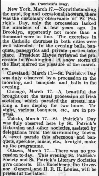 Kristin Holt | Victorian America Celebrates St. Patrick's Day. Header image of newspaper article. "St. Patrick's Day---The Anniversary Generally Observed Throughout the Country." Published in The Daily Commonwealth of Topeka, Kansas on March 18, 1879. Part 2 of 3. Highlights St. Patrick's Day celebrations in New York, Cleaveland, Chicago, Toledo, and Ottawa.