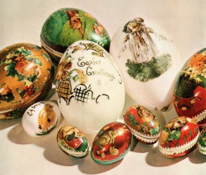 Gift Easter Eggs (the white are "milk glass"), from the Victorian American period, This Fabulous Century: 1870-1900, p 64.