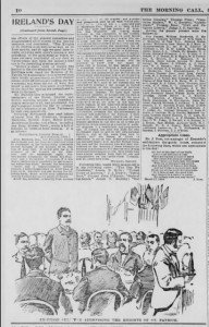 Kristin Holt | Victorian America Celebrates St. Patrick's Day. "Ireland's Day," The Whole Article. From The San Francisco Call of San Francisco, California on March 18, 1894. This small image is not meant to be readable; its purpose is to illustrate the length and bredth of coverage of St. Patrick's Day. Part 5 of 5.