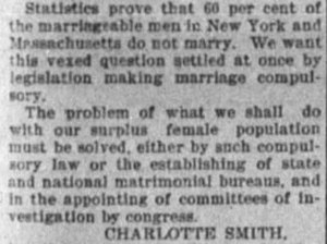 charlotte smith demands national legislation to require matrimony. the Leader-Democrat. springfield MASS, 2 Dec 1897