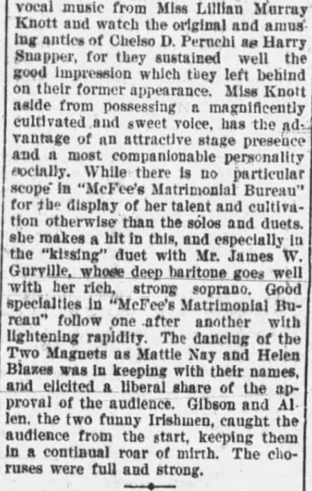 Kristin Holt | Mail-Order Bride Farces...for Entertainment? McFee's Matrimonial Bureau plays at Capital Theater. Daily Arkansas Gazette of Little Rock, Arkansas on November 28, 1897. Part 2 of 2.