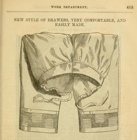 Kristin Holt | Victorian Ladies Underwear. Illustrated "New Style of Drawers, Very Comfortable, and Easily Made." From Godey's Lady's Book and Magazine, May 1861.