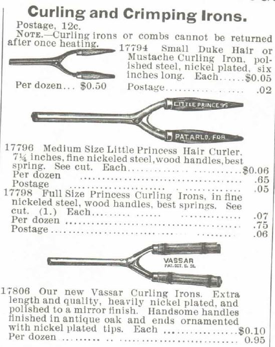 Kristin Holt | Victorian Curling Irons. Image of Curling and Crimping Irons from Montgomery Ward no. 57 spring and summer catalog, 1895.