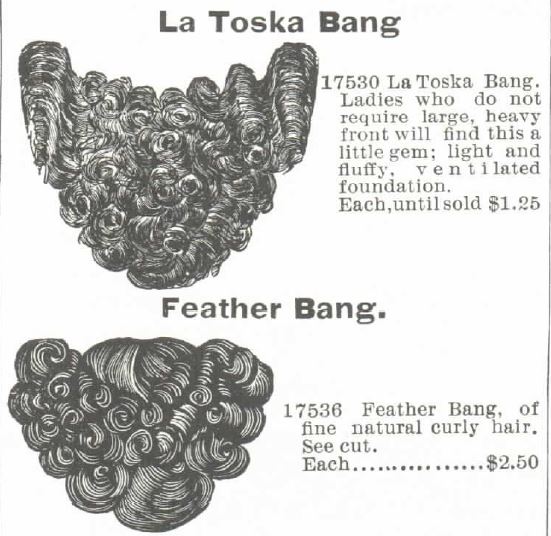 Kristin Holt | Victorian Hair Augmentation. La Toska Bang hair piece and Feather Bang hair piece illustrated, and for sale in the Montgomery, Ward & Co. Catalog no. 57, Spring and Summer of 1895.