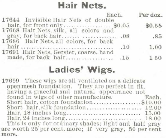 Kristin Holt | Victorian Hair Augmentation. Hair Nets and Ladies' Wigs for sale within the Montgomery Ward no. 57 spring and summer 1895 catalogue.