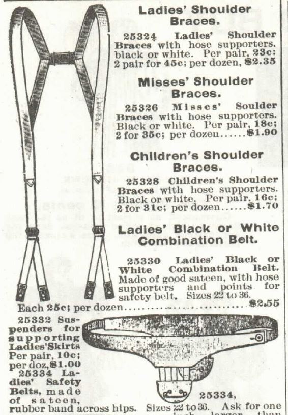 Kristin Holt | Victorian Era Feminine Hygiene. Ladies shoulder braces with points for safety belt to secure sanitary napkins. Advertised in the 1897 Sears, Roebuck & Co. Catalogue No. 104, p335