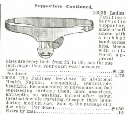 Kristin Holt | Victorian Era Feminine Hygiene. Ladies' Faultless Serviette Supporter, advertised in the Montgomery Ward & Co. catalog, spring and summer, 1895