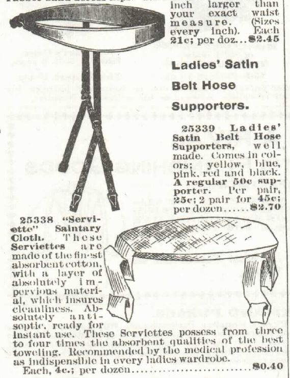 Kristin Holt | Victorian Era Feminine Hygiene. Ladies' Serviettee Sanitary Cloths offered for sale in the 1897 Sears, Roebuck & Co. Catalog No. 104, p 335.
