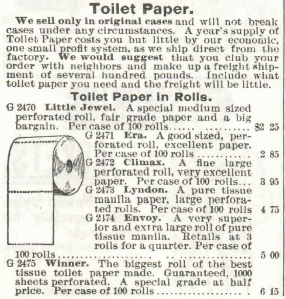 Kristin Holt | The Necessary (a.k.a. the outhouse). Toilet Paper in rolls for sale from Sears, Roebuck and Co. Catalogue 1897 (no. 104).
