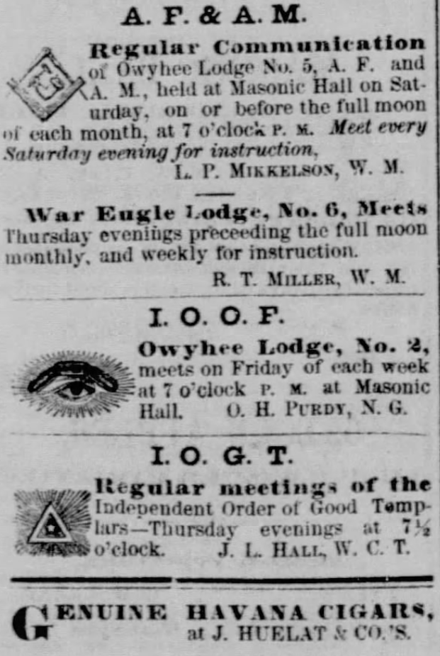 Kristin Holt | Historic Silver City, Idaho. Fraternities meet at Masonic Hall in Silver City, Idaho Territory. Published in Owyhee Semi-Weekly Tidal Wave of Silver City, Idaho Territory, December 18, 1868.