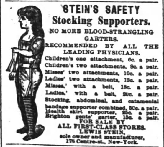 Kristin Holt | How Did Victorian Stockings Stay Up? Newspaper Ad for Stein's Safety Stocking Supporters in The New York Times of New York, New York, October 11, 1885.