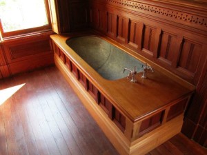 The Captain George Flavel House in Astoria, Oregon, is a fine example of a restored Victorian Queen Anne house, with a full bath upstairs and a half-bath on the main floor.