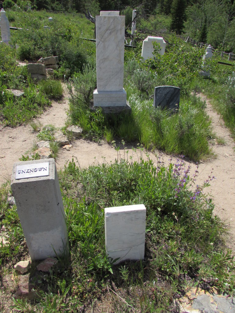 Kristin Holt | Silver City, Idaho's Ghost Town Cemetery. Several headstones and monuments. Lower-left: One "unknown" among many. Image: Kristin Holt, June 2016.