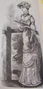 Medicis Suit with hooded cape and Polonaise round skirt, from 1881. Page 124 of Harper's Bazaar, 1867-1898.