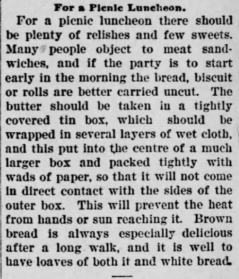 Kristin Holt | A Victorian Picnic Basket: Recipes and Rules. Part 1, Picnic Luncheon. The Daily Republican of Monongahela, Pennsylvania, September 6, 1900.
