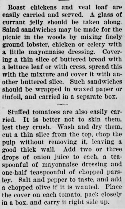 Kristin Holt | A Victorian Picnic Basket: Recipes and Rules. Part 2, Picnic Luncheon. The Daily Republican of Monongahela, Pennsylvania, September 6, 1900.
