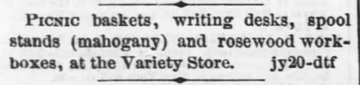 Picnic baskets at Variety Store. The Daily Kansas Tribune of Lawrence, Kansas on July 20, 1869