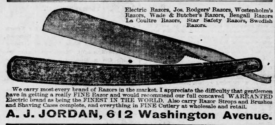 Ad for SAFETY razor along with other brands and makes, including an electric razor. St. Louis Post-Dispatch on September 19, 1885
