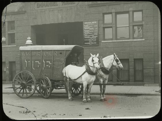 Kristin Holt | Victorian America's Ice Delivery. American Ice Company delivery wagon in Brooklyn circa 1900 when people were using 4 million tons of ice each year. An article in the Brooklyn Daily Eagle from July of 1872 details the uses of ice for everything from cooling down "mint juleps, brandy smashes and claret punches" at the saloon, to preserving meat in the butcher shops and preserving bodies at the morgues. Most of the ice brought in the city was natural ice from the Hudson and rivers in Maine. | Saved by Maria DiCoio on Pinterest.