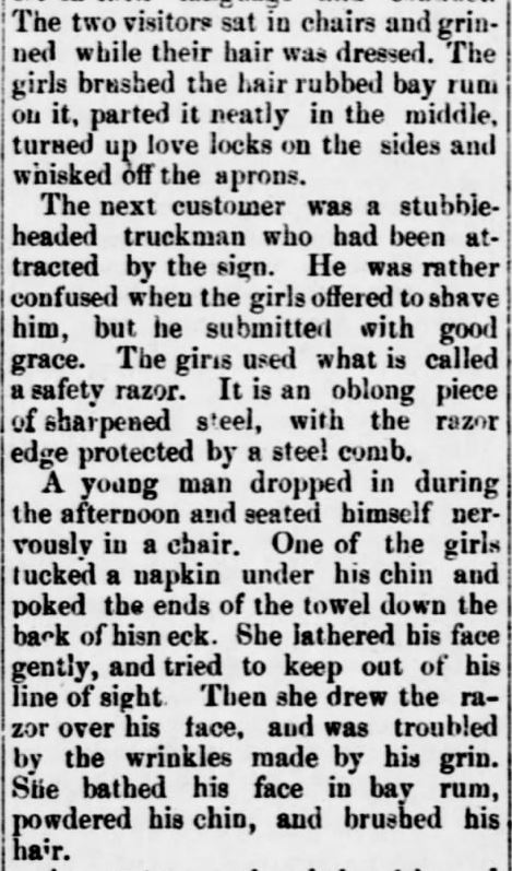 Kristin Holt | Old West Barber Shop. Part 2 of 3: Four Girl Barbers. From The Sedalia Weekly Bazoo of Sedalia, Missouri, on October 23, 1883.