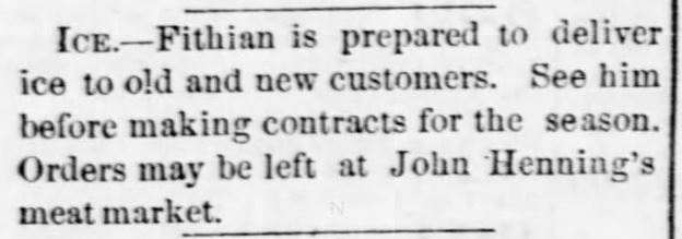 Kristin Holt | Victorian America's Ice Delivery. Ice delivery by contract. Emporia Daily News of Emporia, Kansas on 17 July 1882. "Ice--Fithian is prepared to deliver ice to old and new customers. See him before making contracts for the season. Orders may be left at John Henning's meat market."