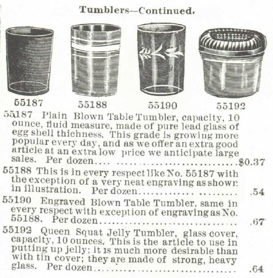 Kristin Holt | Old West Mason Jars. Glass tumblers for table use (and putting up jellies), including the Queen Squat Jelly Tumbler with Glass Lid. Advertisements from the 1895 Montgomery, Ward & Co. Catalogue.