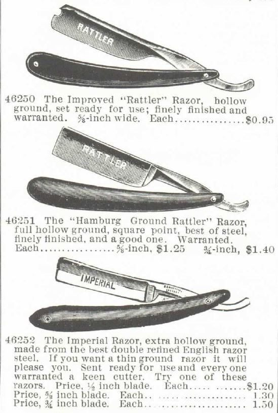 Kristin Holt | Victorian Shaving, Part 1: Hamburg Ground Rattler Razor and The Imperial Razor. Montgomery Ward Catalog 1895 Spring and Summer