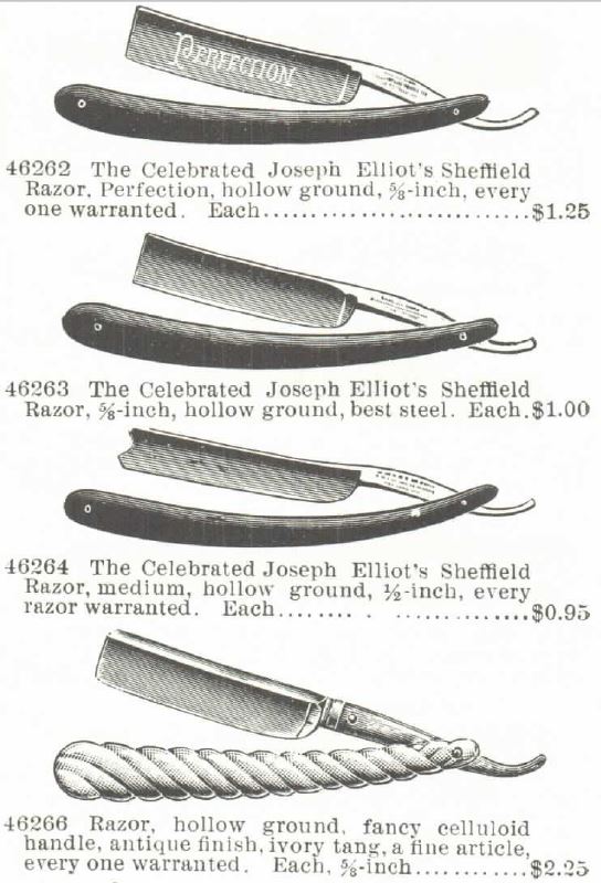 Kristin Holt | Victorian Shaving, Part 1. Additional examples of The Celebrated Joseph Elliot's Sheffield Razor, and a hollow ground fancy celluloid handle with antique finish. Montgomery Ward Catalog 1895 Spring and Summer