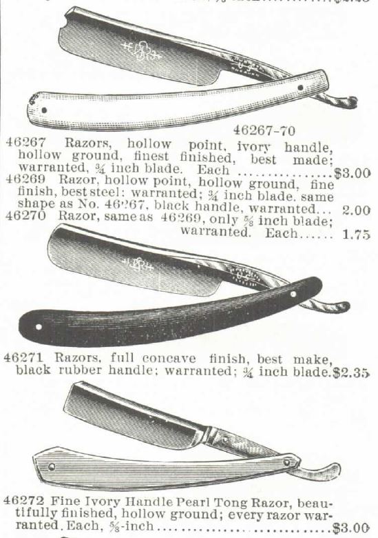 Kristin Holt | Victorian Shaving, Part 1: Razors with hollow points, full concave finish and black rubber handle, and fine ivory handle Pearl Tong Razor. Montgomery Ward Catalog 1895 Spring and Summer