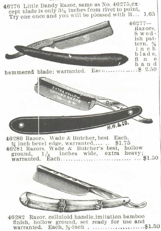 Kristin Holt | Victorian Razors, Part 1: Little Dandy Razor, Wade & Butcher, and Celluloid handle imitation bamboo finish. Montgomery Ward Catalog 1895 Spring and Summer