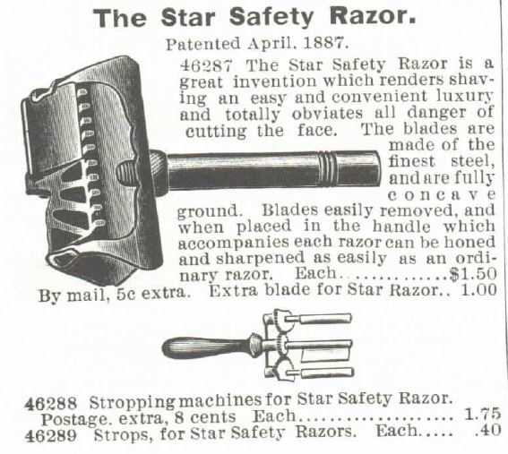Kristin Holt | Victorian Shaving, Part 2. Star Safety Razor and Strop Machine for Safety Razor. Advertiseed in the 1895 Montgomery Ward Spring and Summer Catalog. "Patented April 1887."