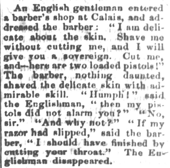 Kristin Holt | Victorian Shaving, Part 1: Threat for cutting Englishman with razor. Chetopa Advance of Chetopa, Kansas, on April 20, 1870.