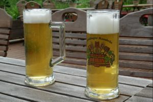 Kristin Holt | Victorian America Celebrates Oktoberfest. Photograph: Two glass beer mugs, filled with golden brew (and foam), sitting on a wooden Beer Garten table.